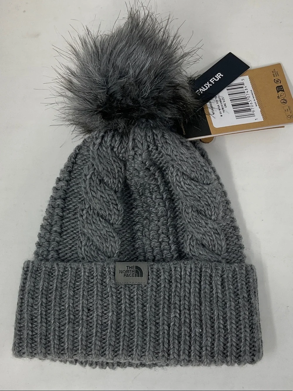 The North Face Kids Gray Cable-Knit Pom Beanie